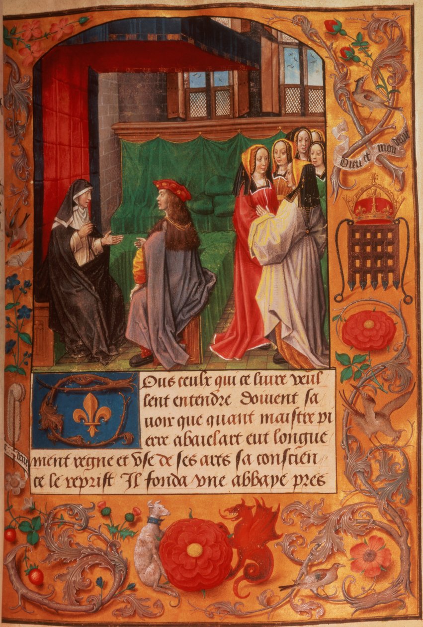 Roy 16 F II f.137 女修道院院长和她的学生，周围是一群聆听的女士，选自《女修道院院长海洛伊丝的信札》，约 1500 年（牛皮纸）。 作者 英语学校