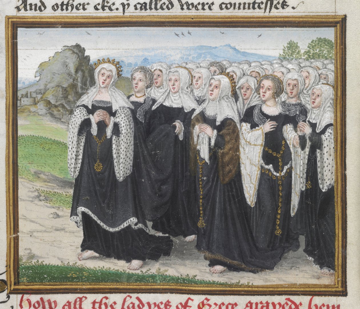 Roy 18 D II f.160 希腊妇女前往底比斯，选自约翰-莱德盖特（John Lydgate，约 1370-1451 年）的《特洛伊书和底比斯之围》1412-22（牛皮纸）。 作者 英语学校