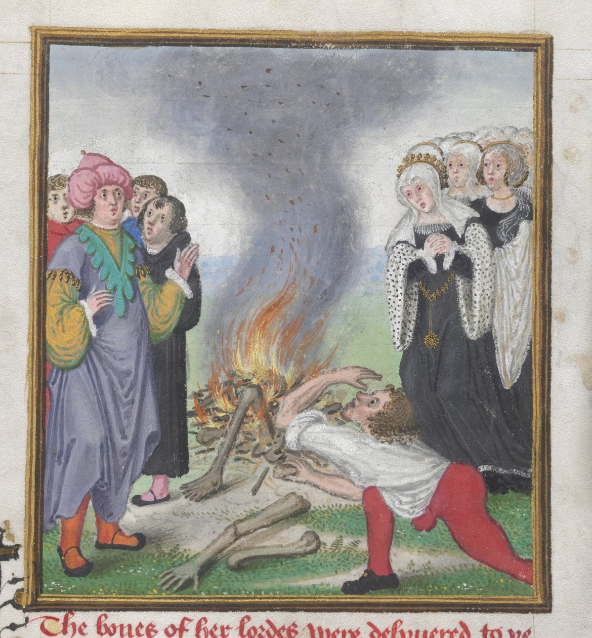 罗伊 18 D II f.161 特修斯焚烧被底比斯国王克瑞翁杀死的雅典人的尸体，选自约翰-莱德盖特（John Lydgate，约 1370 年-1451 年）1412-22 年的 "特洛伊书和底比斯的故事"（牛皮纸）。 作者 英语学校
