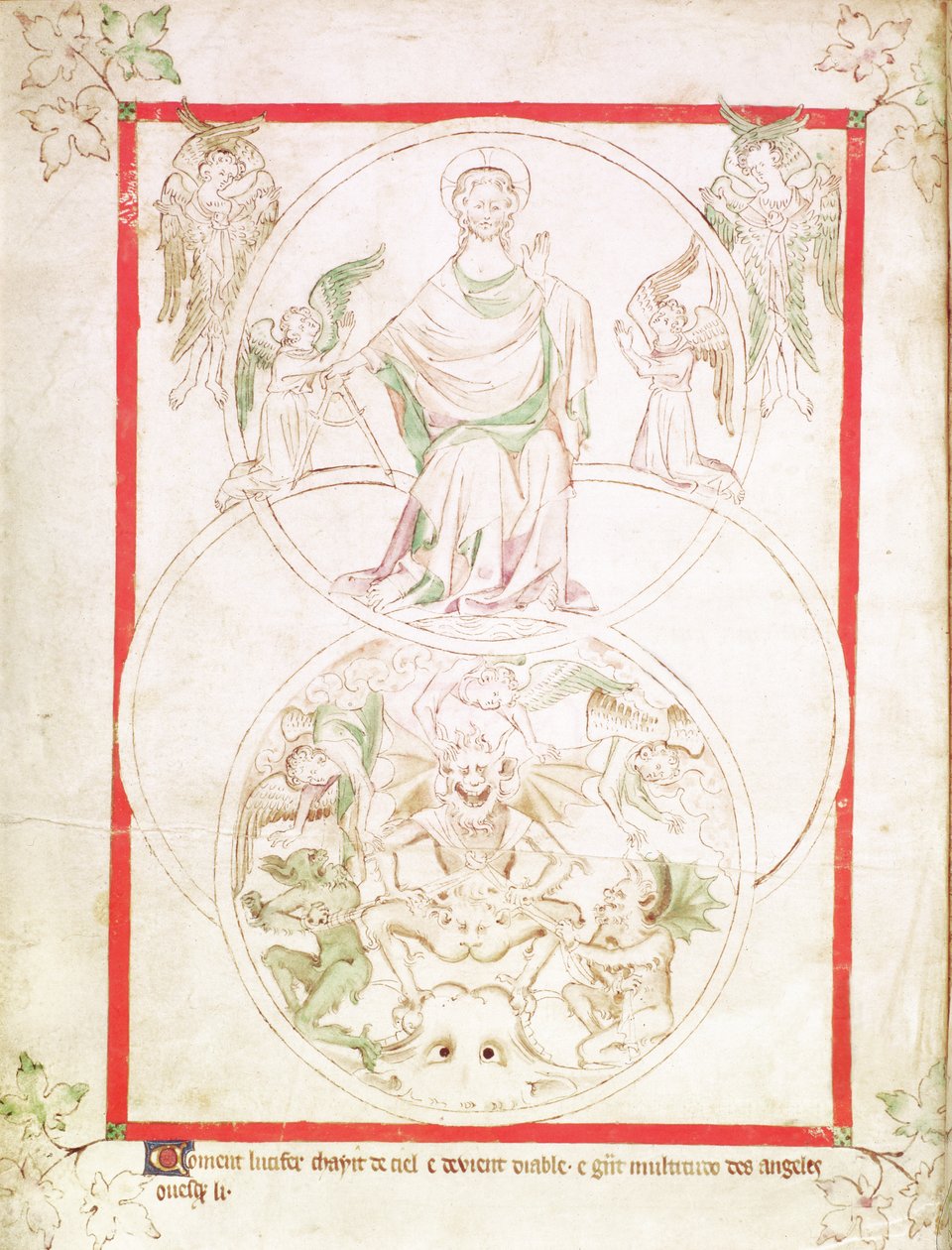Roy 2 B VII f.1v 路西法的堕落，选自玛丽皇后诗篇，约 1310-20 年（牛皮纸） 作者 英语学校