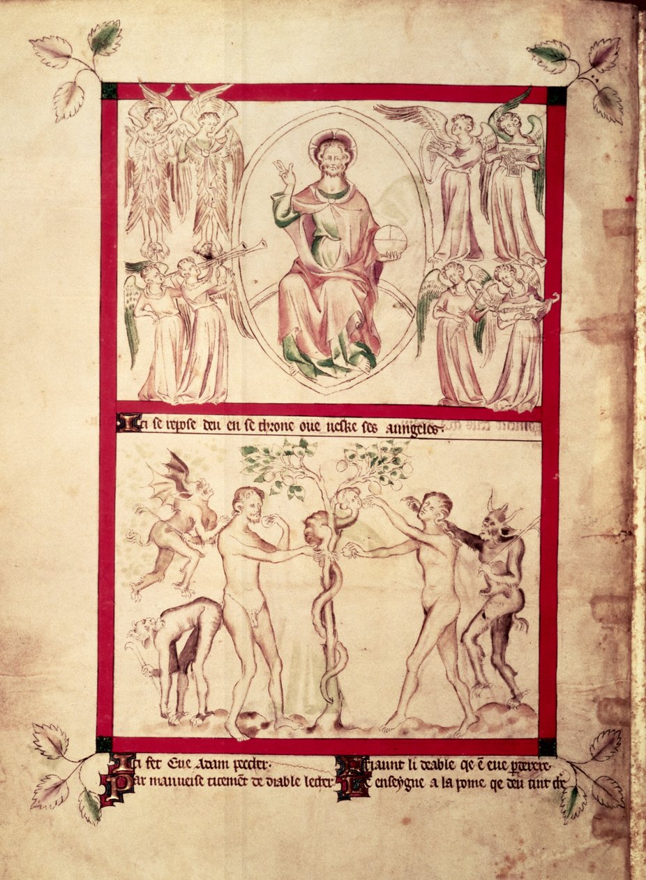 Roy 2 B VII f.3v 神在曼陀罗中，由乐师天使围绕，夏娃的诱惑，选自《玛丽王后诗篇》，约 1310-20 年（牛皮纸） 作者 英语学校