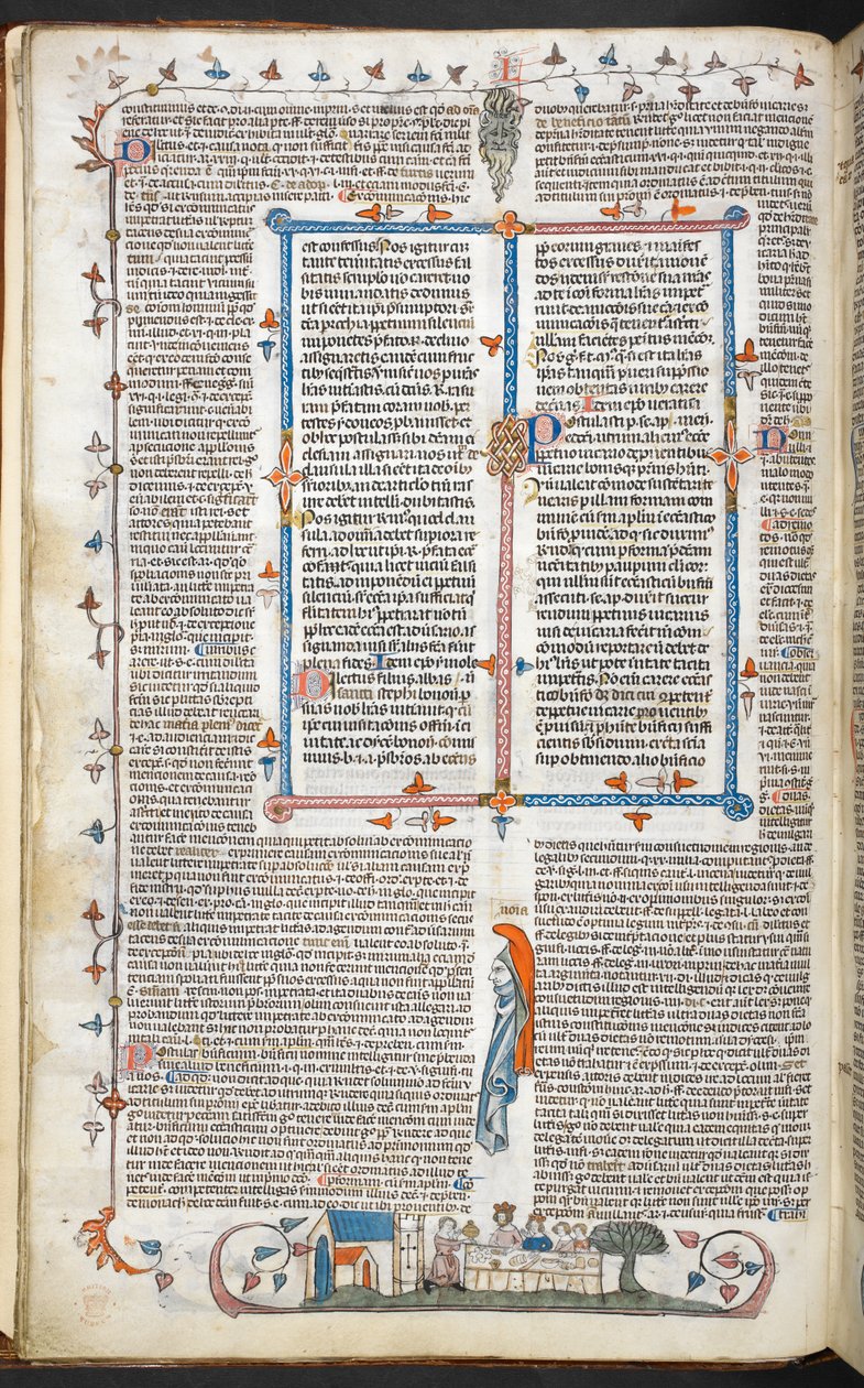 皇家 10 E.IV，f.250v 带有边缘装饰和国王用餐的文本，插图来自 "Smithfield Decretals"（牛皮纸）。 作者 英语学校