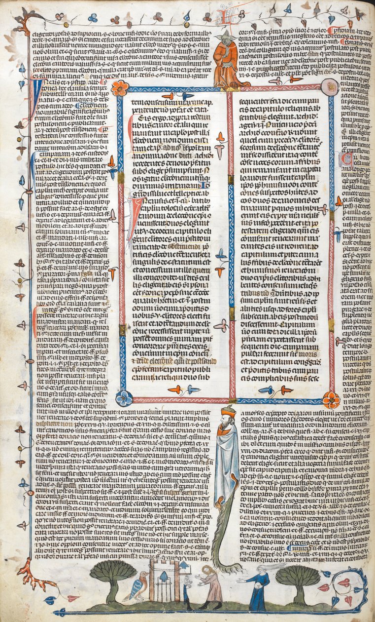 皇家 10 E.IV，f.30v，正文和底版场景，一男一女在一栋建筑外，选自 "The Smithfield Decretals"（牛皮纸） 作者 英语学校