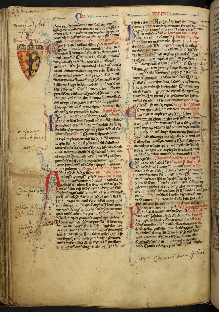 皇家 14 C.VII ff.86v 饰有狮心王理查德盾徽的边饰，插图选自 "马修-帕里斯，《盎格鲁史》，主要编年史，第三部分 作者 英语学校