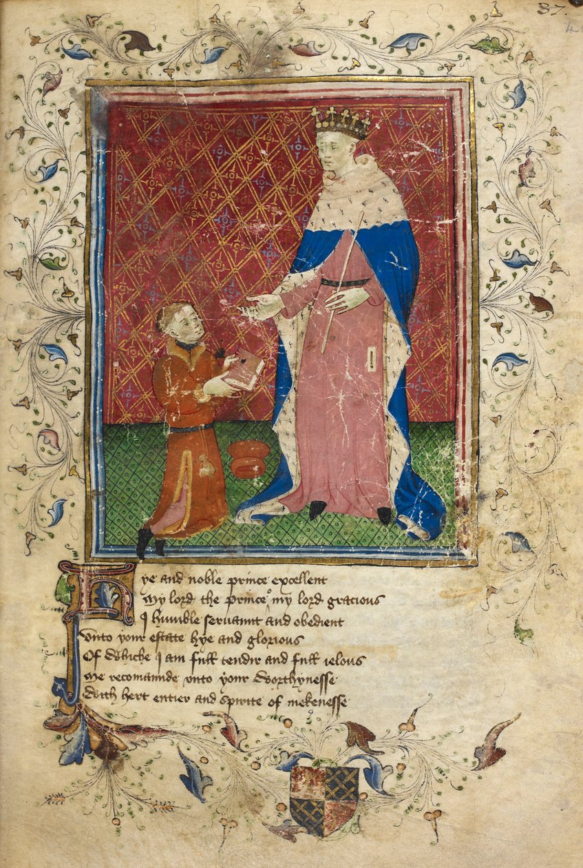 Royal 17 D. VI，f.40 托马斯·霍克莱夫 (Thomas Hoccleve) 向亨利五世赠送书的演示场景（牛皮纸） 作者 英语学校