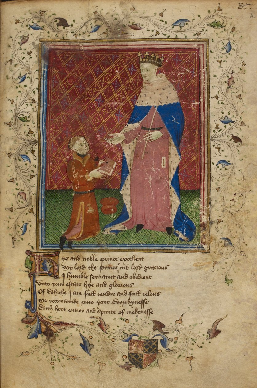 皇家 17 D. VI, f.40 托马斯-霍克利夫（Thomas Hoccleve）跪着向国王亨利五世献书，插图选自托马斯-霍克利夫（Thomas Hoccleve）的《王子的统治》（牛皮纸）。 作者 英语学校