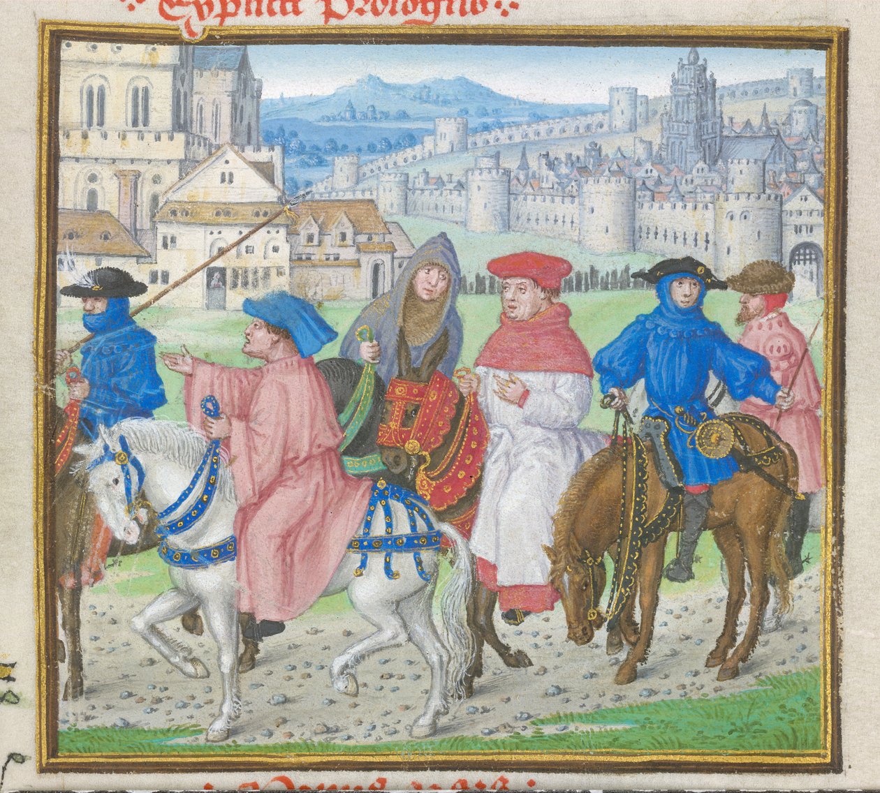 皇家 18 D II f.148 Lydgate 和离开坎特伯雷的坎特伯雷朝圣者，选自约翰-莱德盖特（John Lydgate，约 1370 年-1451 年）1412-22 年创作的《特洛伊记和底比斯之围》（牛皮纸）（8063 的细节） 作者 英语学校