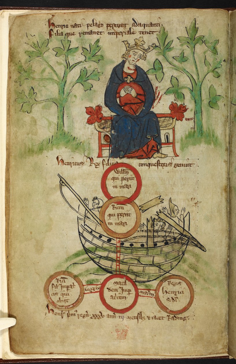 皇家 20 A. II, f.6v 亨利一世国王在王座上哀悼，插图来自彼得-德-朗托夫特的《英格兰纪事》，约 1307-27 年（牛皮纸）。 作者 英语学校