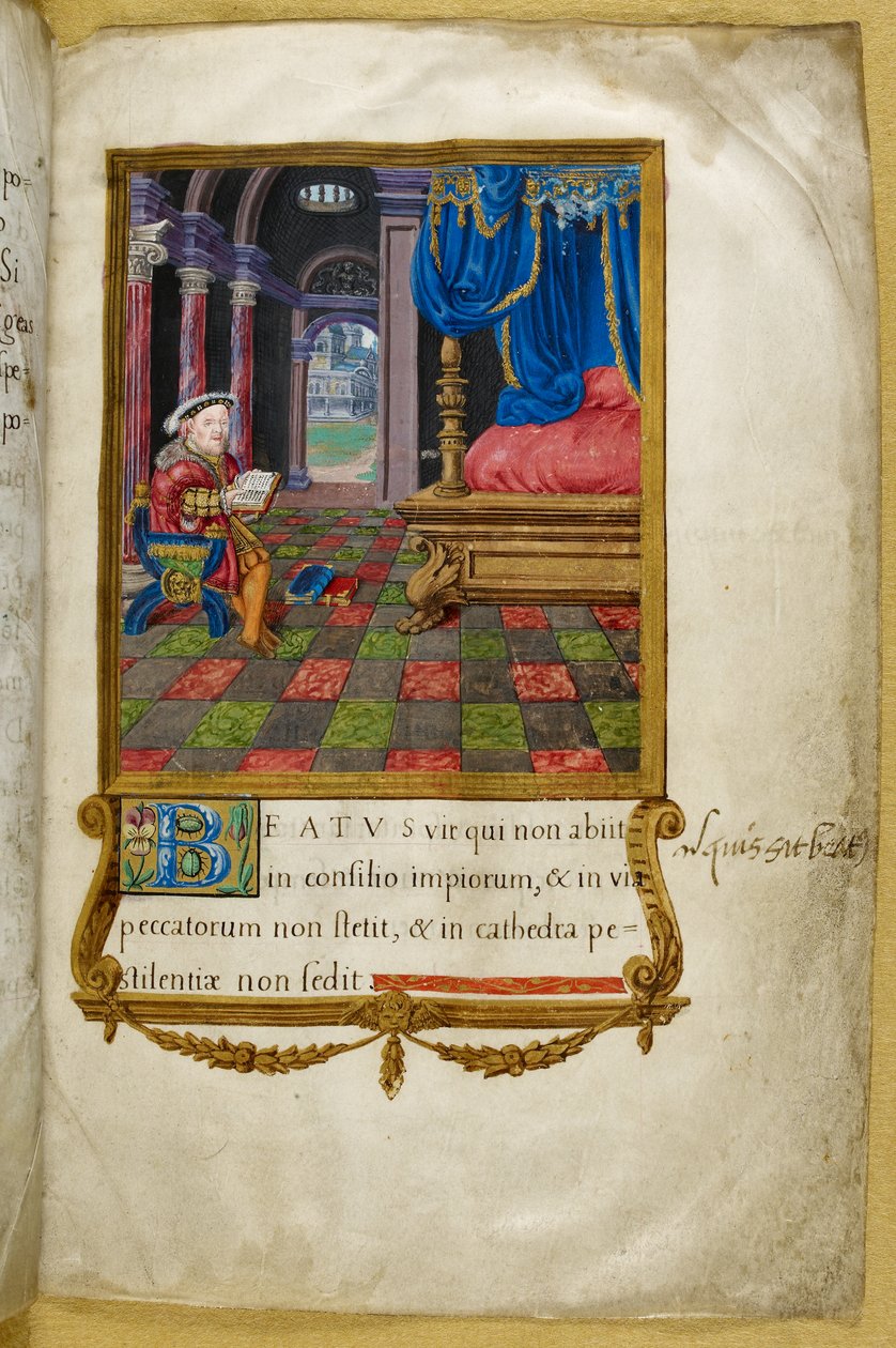 皇家 2 A.XVI，f.3 亨利八世国王在寝宫中坐着阅读，插图选自让-马拉德的 "亨利八世诗篇 作者 英语学校