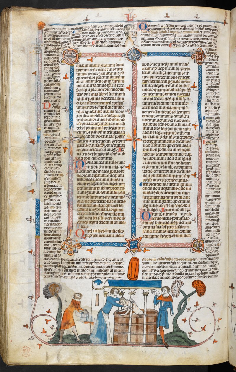 皇家 MS 10 IV f.297v 《给鼠疫患者洗澡》和边饰，《史密斯菲尔德敕语》插图（牛皮纸） 作者 英语学校