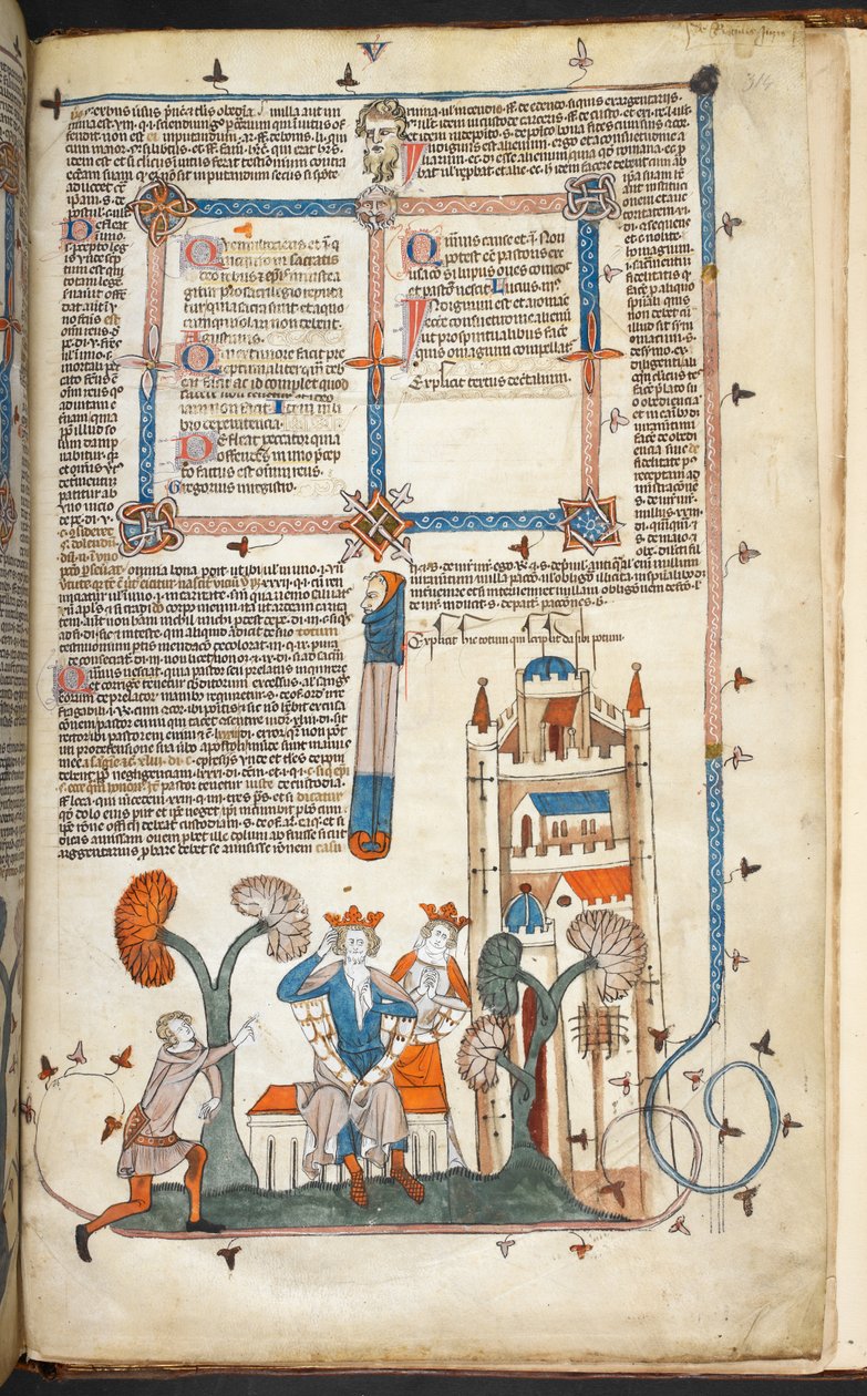 皇家 MS 10 IV f.314r 国王、王后及其城堡与边饰，"Smithfield Decretals "中的插图（牛皮纸） 作者 英语学校