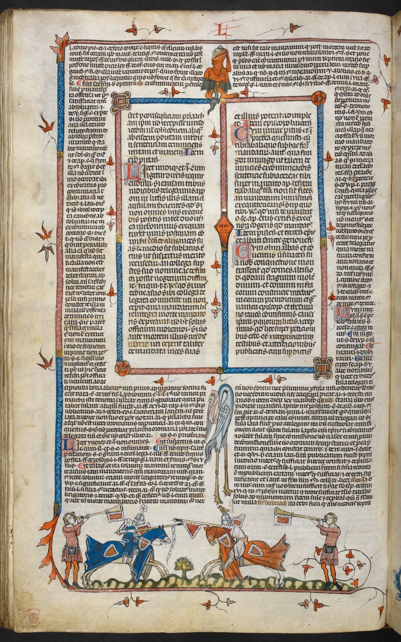 皇家 MS 10 iv f.065v 带边缘装饰的骑士比武，"史密斯菲尔德法令 "中的插图（牛皮纸） 作者 英语学校