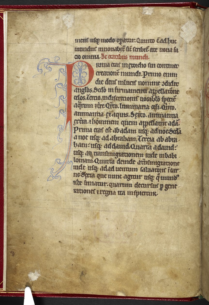 皇家 MS 12 C XIX，f.001v "动物志"，约 1200-10（牛皮纸上的墨水、彩色和金色）。 作者 英语学校