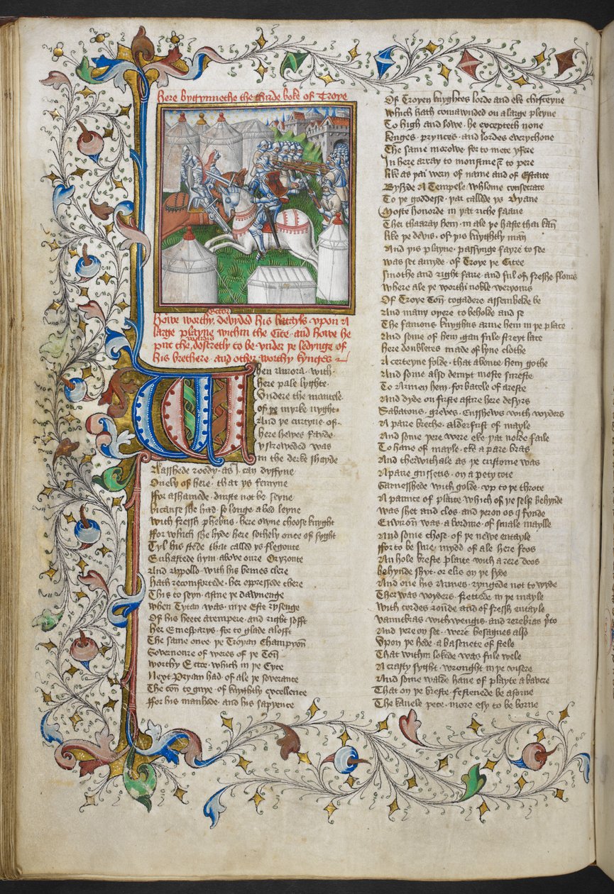 皇家 MS 18 D II，f.66v，赫克托杀死帕特罗克洛斯的缩影，带有发光的首字母“W”（母鸡）和部分叶状边框，来自约翰·利德盖特的特洛伊书，c.1457-60（牛皮纸） 作者 英语学校