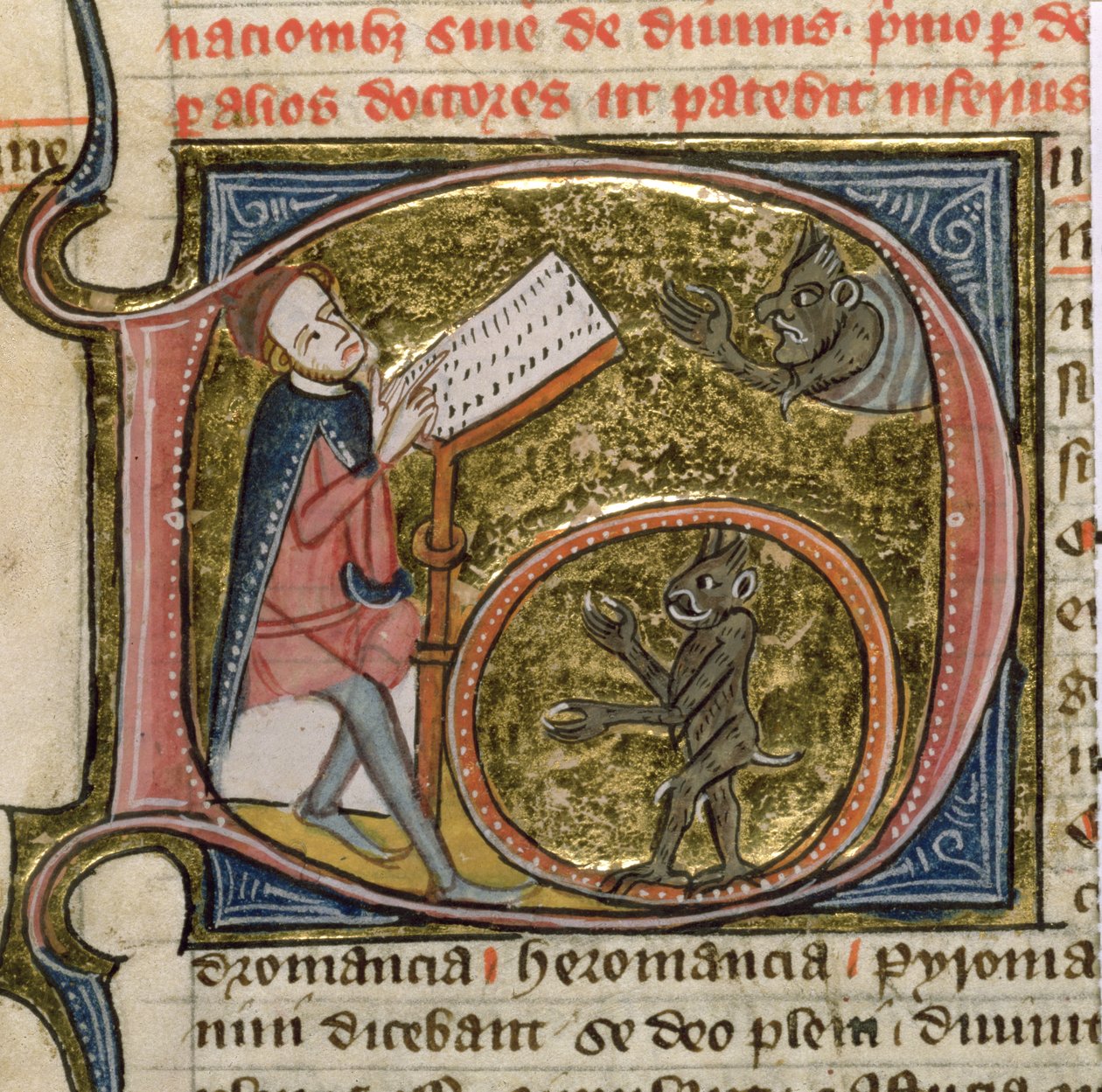 皇家 MS 6E VI fol.535v 《召唤恶魔的魔术师》，选自詹姆斯-勒-帕尔默的《Omne Bonum》。 作者 英语学校