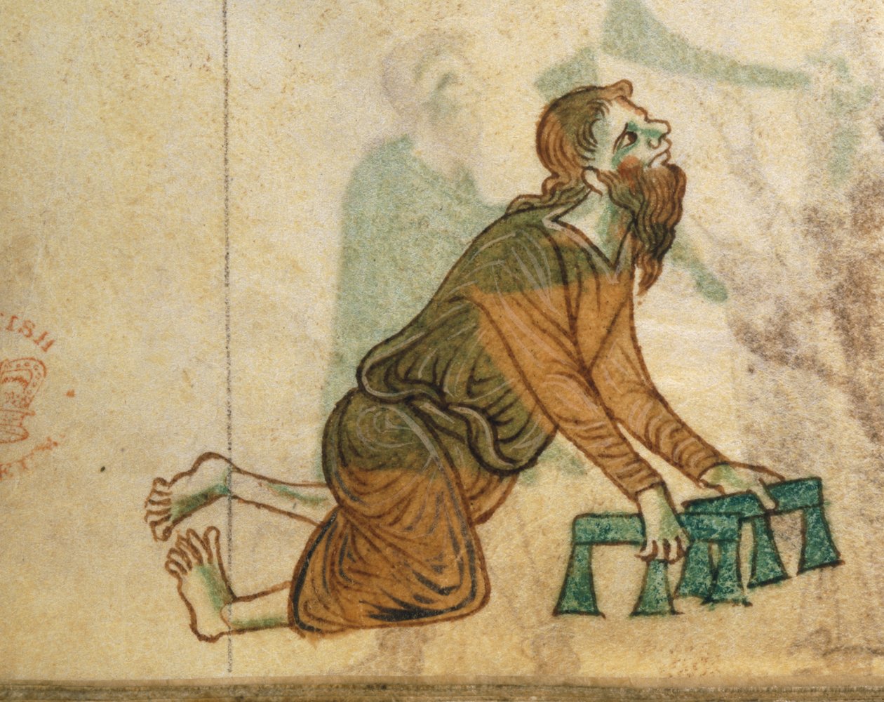 Royal Ms 13 B VIII fol.30v 一个跪着爬行的瘸腿男人，选自威尔士的杰拉尔德的《Topographia Hibernica》。 作者 英语学校