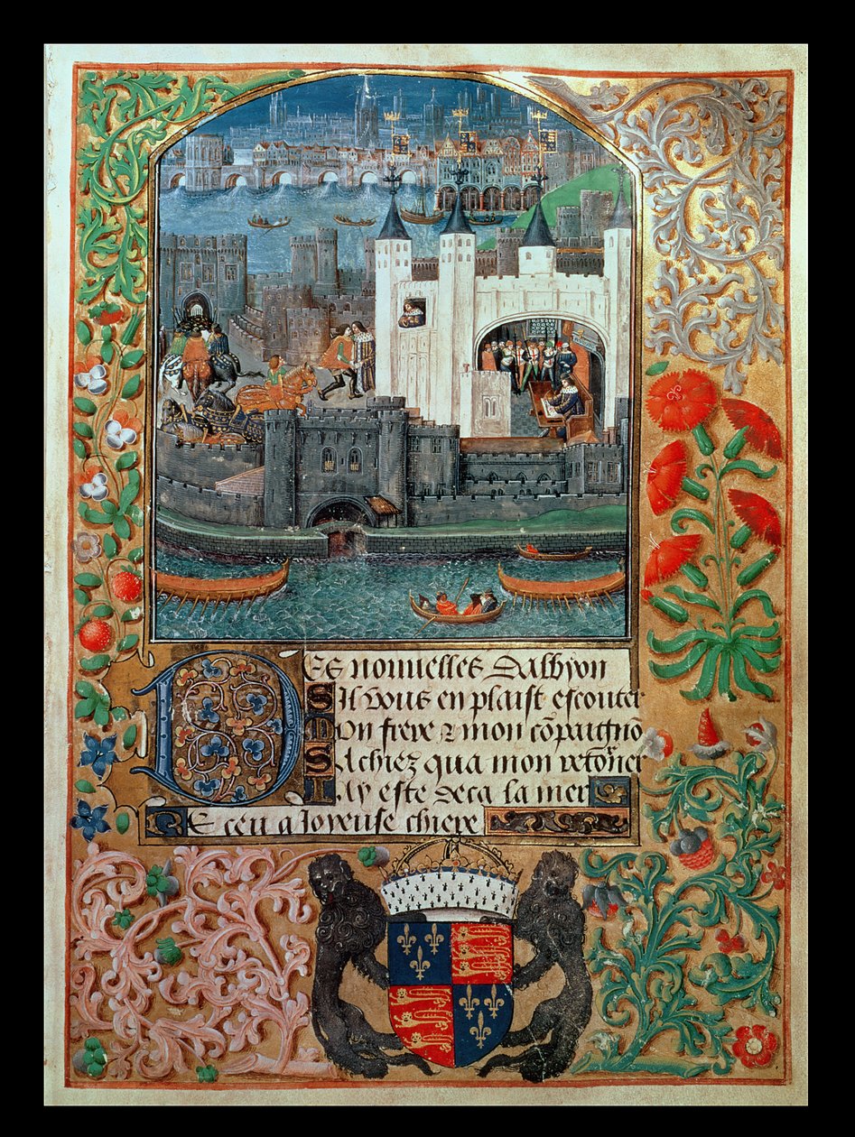 Royal Ms 16 F II，f.73：伦敦塔和航运，奥尔良公爵查尔斯坐在塔中写作，选自《查尔斯-奥尔良公爵的诗》，约 1500 年（牛皮纸）。 作者 英语学校