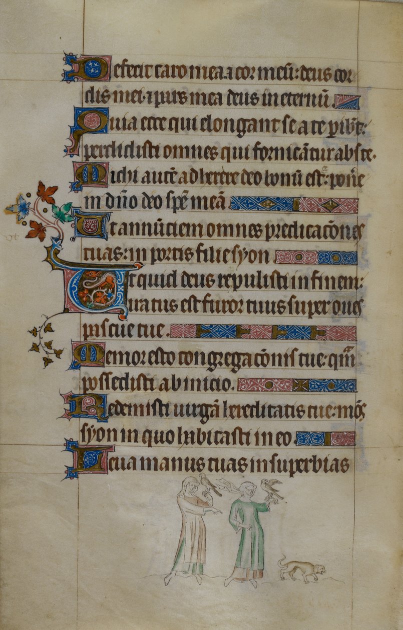 Royal ms 2_B VII f.177v 底页场景：两名妇女扛着鹰，前面有一只小狗，首字母为 "inhabited"，插图来自《玛丽女王诗篇》。 作者 英语学校