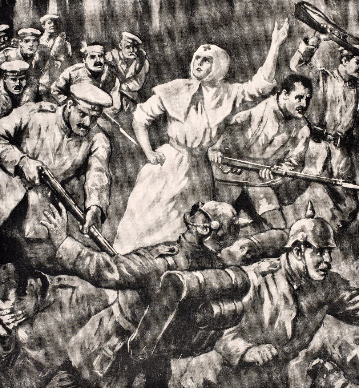 1915年俄罗斯护士Mira Miksailovitch Ivanoff在1916年伦敦出版的“The War Illustrated Album deLuxe”中对抗德国人，1916年 作者 英语学校