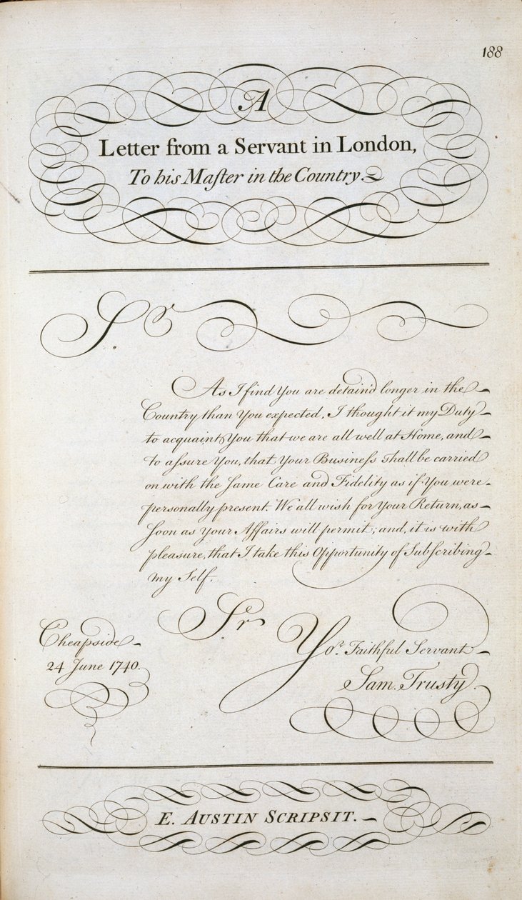 来自字母图案书的样本信，c.1740 作者 英语学校