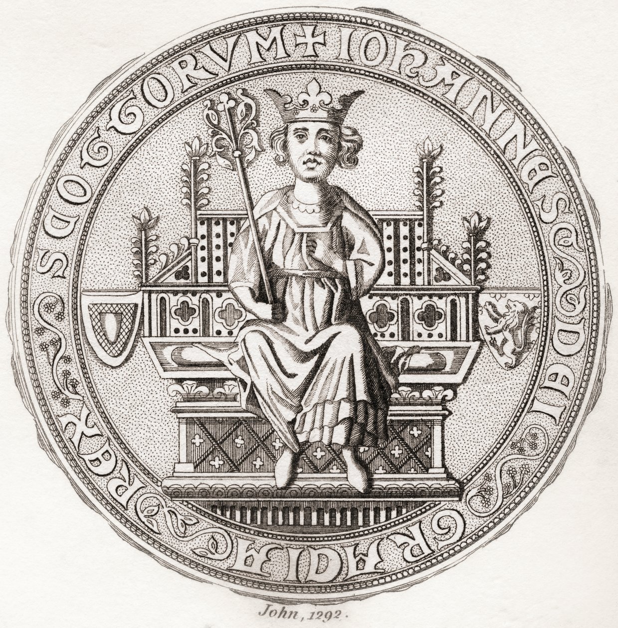 约翰·巴利奥尔 (John Balliol) 印章，约 1249 年 – 1314 年，又名“Toom Tabard”，苏格兰语，意为“空外套”，苏格兰国王。 摘自《Iconographia Scotica》或《苏格兰名人肖像》，1797 年出版。 作者 英语学校