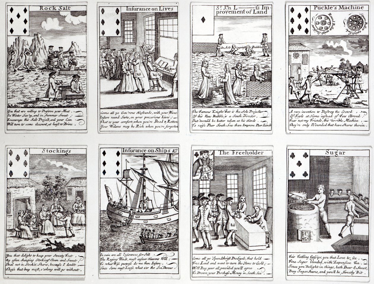 一套扑克牌描绘当前商业风险投资的讽刺场景，c.1720 作者 英语学校