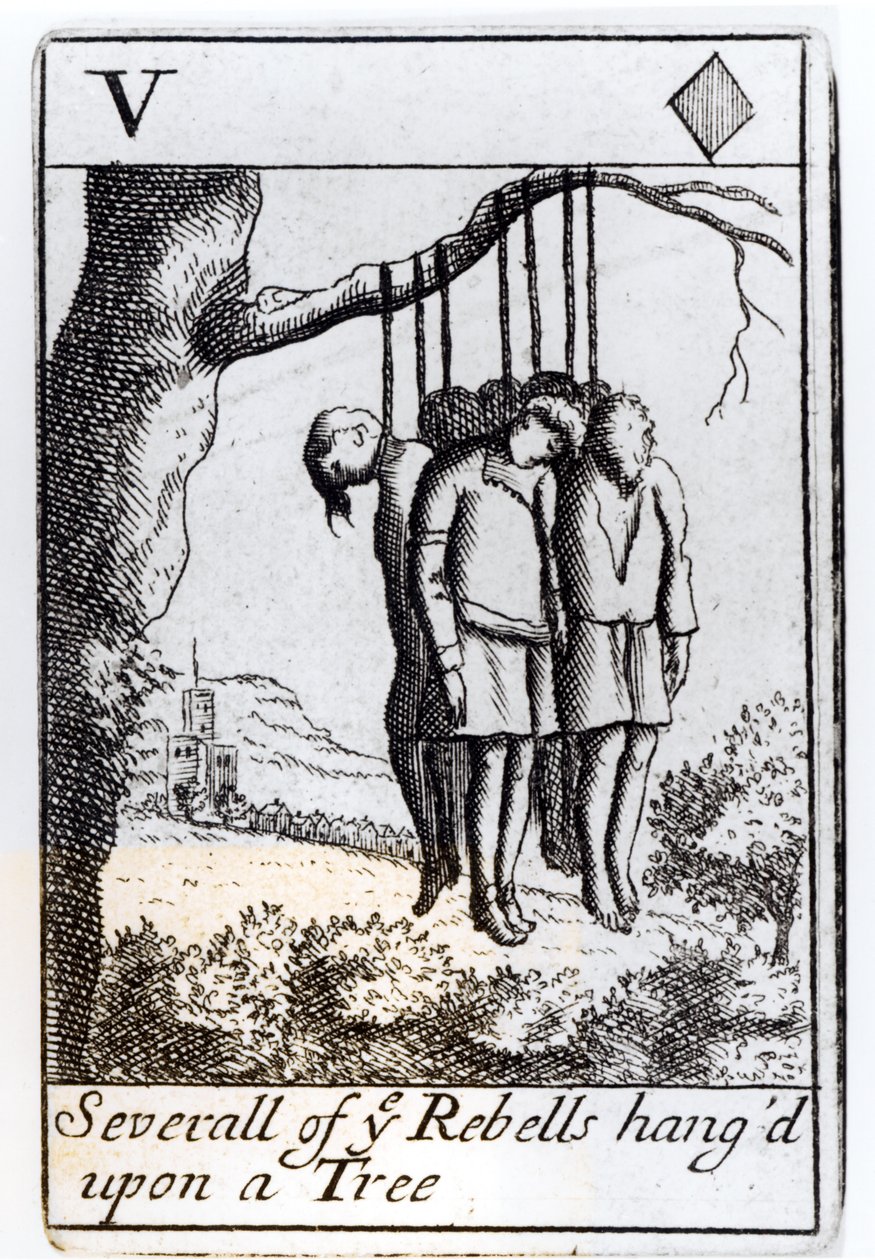 从一棵树上吊下来的几个反叛者，1685年纪念蒙茅斯叛乱的一套心中的五张牌 作者 英语学校