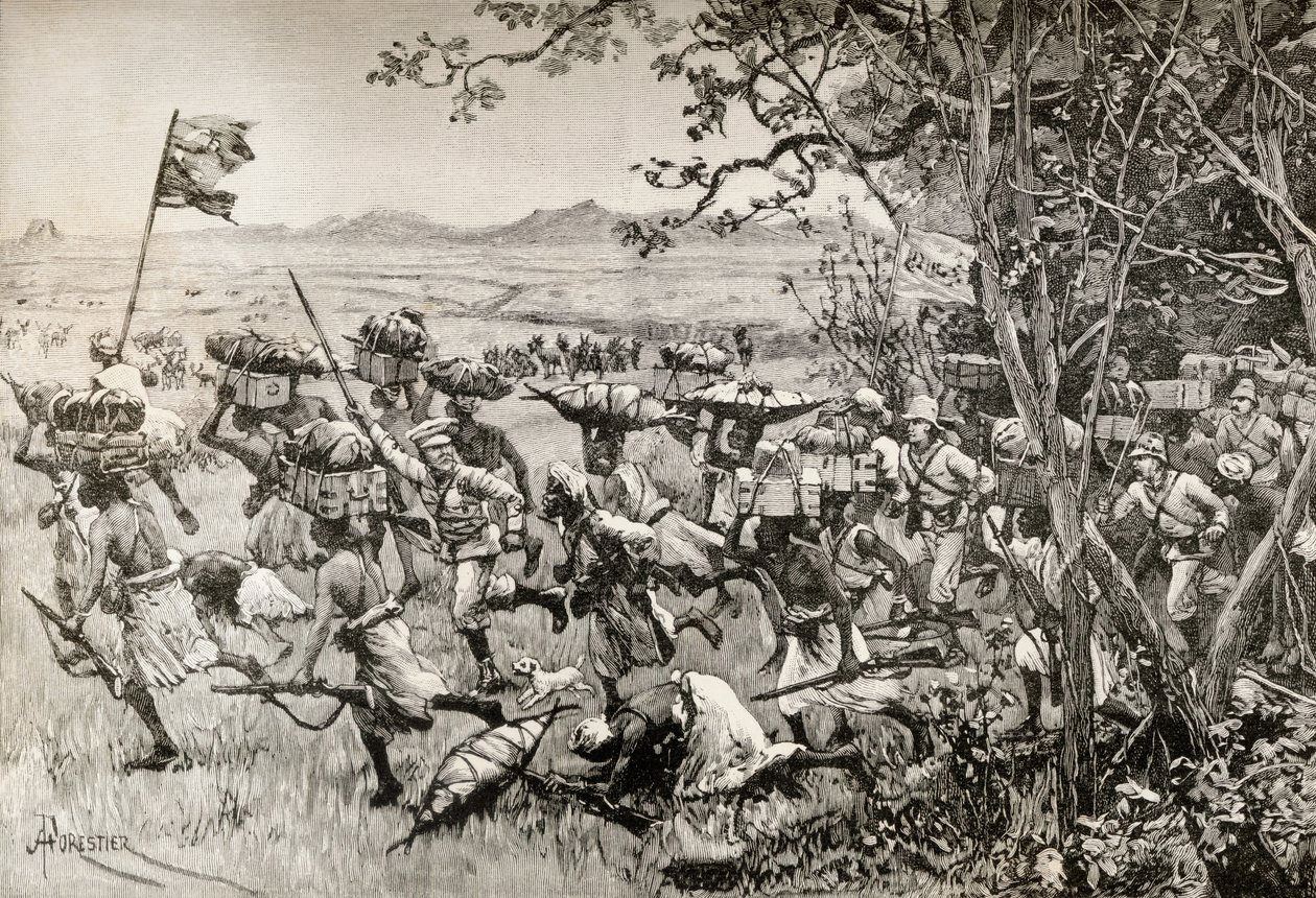 1887 年，亨利-莫顿-斯坦利爵士和他的部下在非洲的埃明-帕夏赈灾远征中终于走出森林，来到草原上。 作者 英语学校