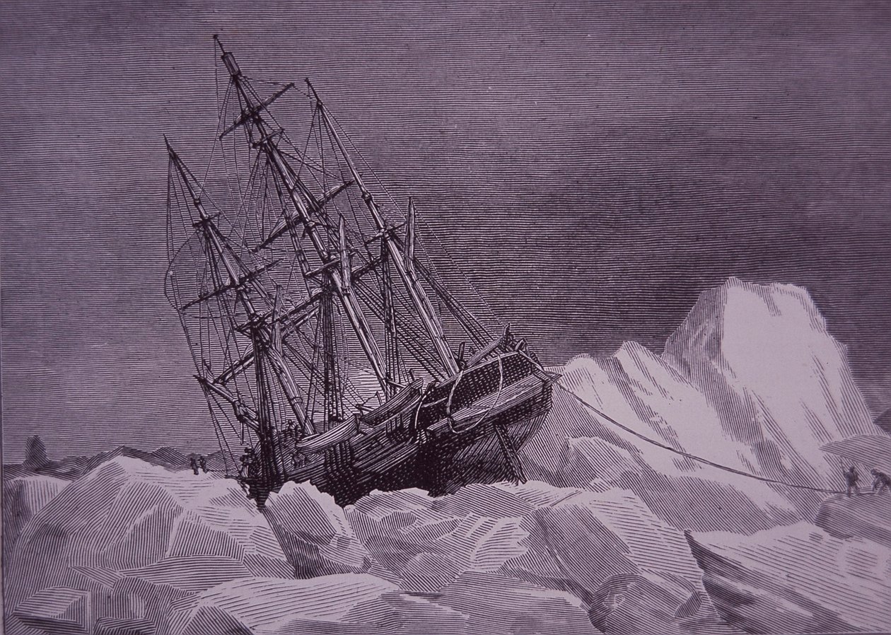 约翰-富兰克林爵士，1845年寻找西北通道的探险队，"恐怖号 "船被困在冰中，19世纪末（雕刻）。 作者 英语学校