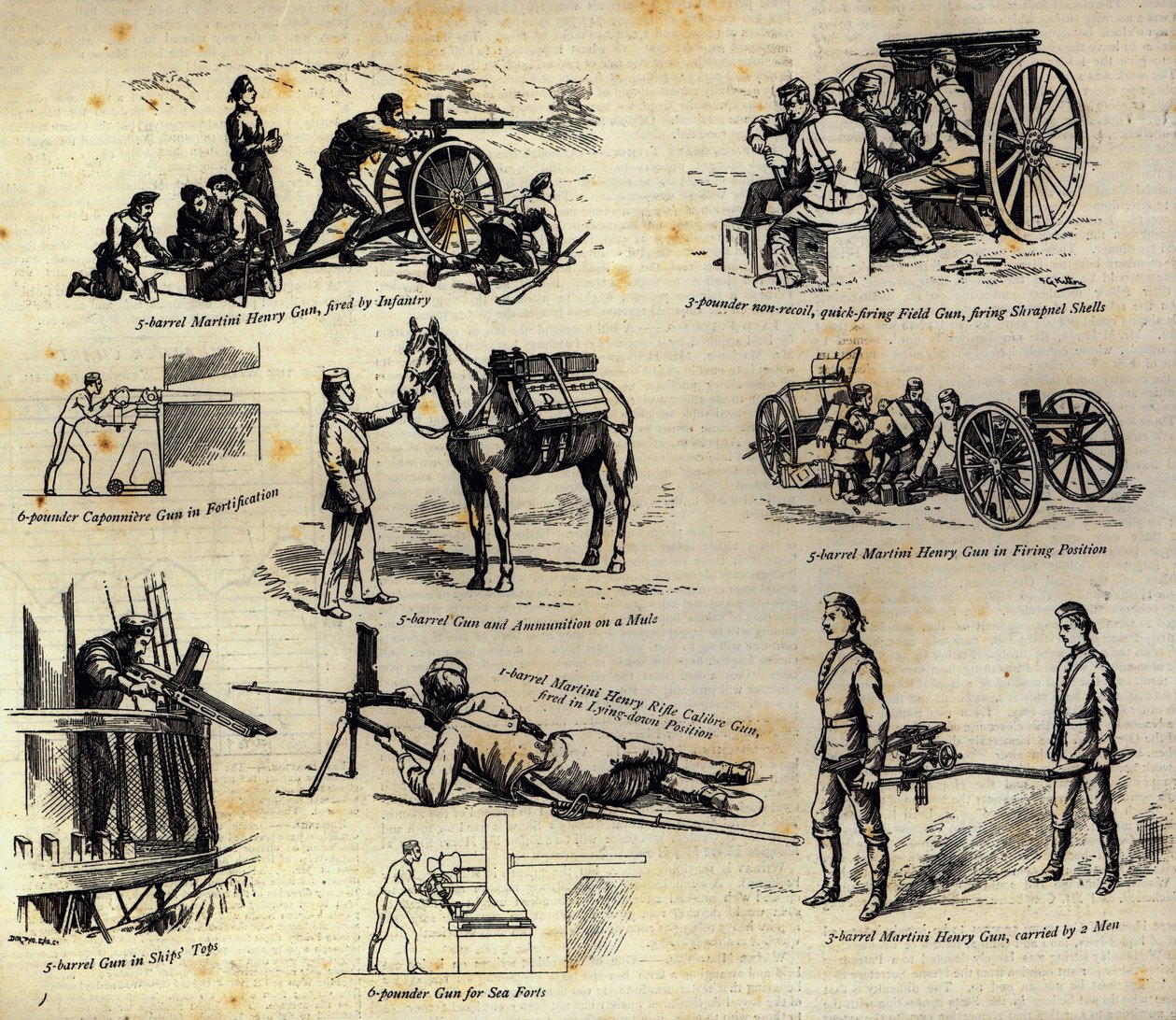 一些品种的Nordenfelt枪现在用于陆军和海军，来自The Graphic，1886年4月10日 作者 英语学校