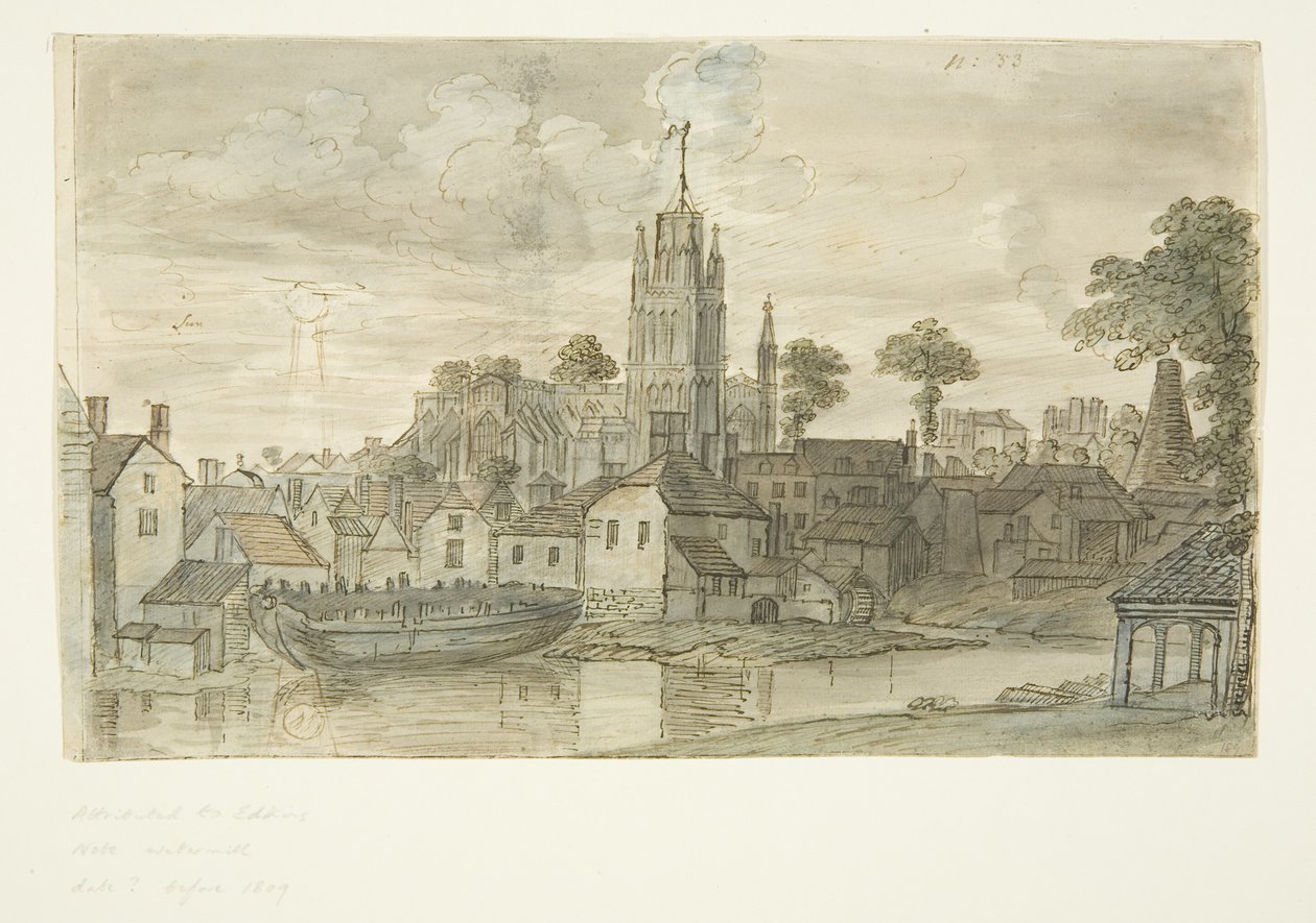 Redcliffe Back 的 St Mary Redcliffe 教堂（背面有狮子的钢笔和墨水图）（纸上铅笔和水彩） 作者 英语学校