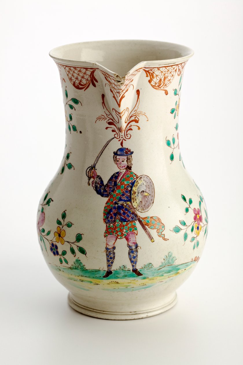 斯塔福德郡水罐装饰着高地服装中的人物，1755年（盐釉陶器） 作者 英语学校