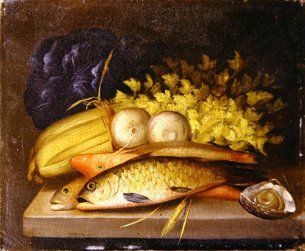 鱼的静物，约1840年（布面油画） 作者 英语学校