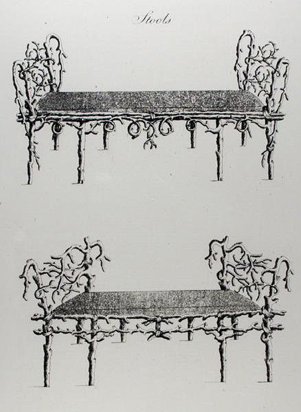 凳子，出自《怪诞建筑，或乡村娱乐》，作者威廉-赖特，1768年出版（雕刻）（黑白照片）。 作者 英语学校