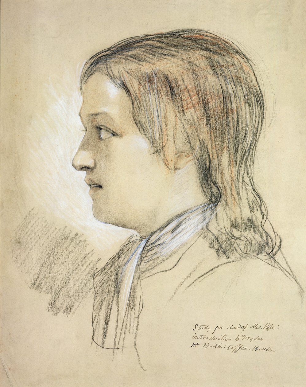 研究Alex Pope（1688-1744）负责人介绍Dryden，在巴特勒咖啡馆（铅笔，粉笔和木炭在纸上） 作者 英语学校