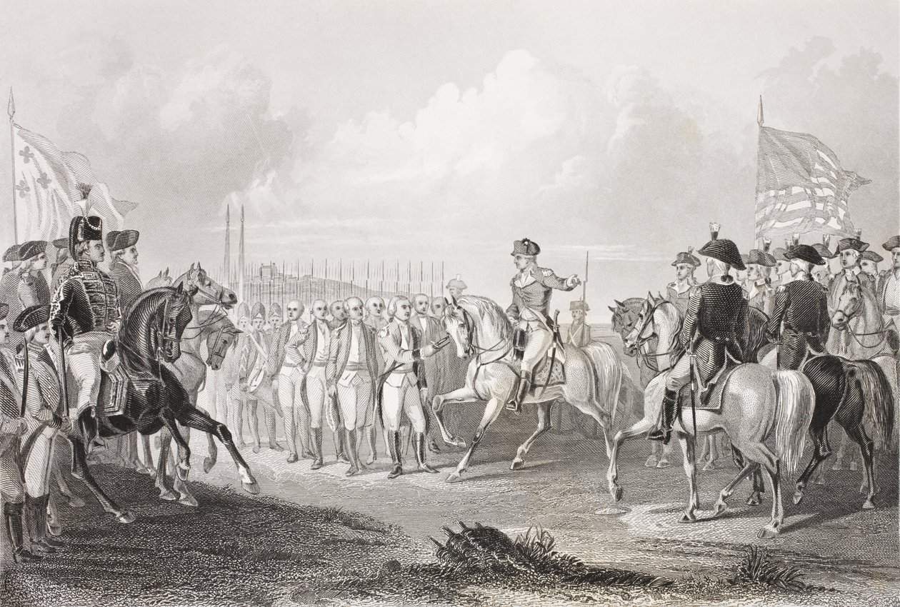 1781年10月19日，弗吉尼亚州约克镇的康沃利斯勋爵投降，来自“历史肖像画廊”，出版于1880年 作者 英语学校