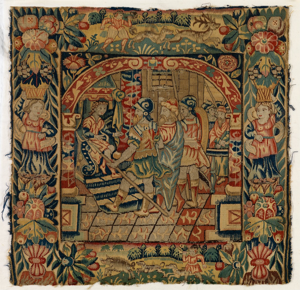 描绘《丹尼尔面前的长老》的挂毯靠垫套，1600 年后在英国谢尔顿制作（羊毛）。 作者 英语学校