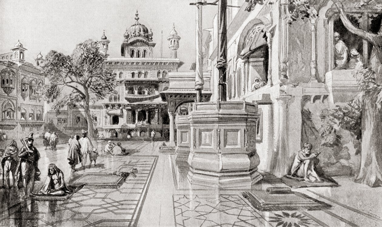 Akal Takht 或 Akal Bunga，哈曼迪尔-萨希布（金庙）建筑群，1864 年，印度旁遮普邦阿姆利则，摘自哈钦森《国家史》，1915 年出版 作者 英语学校