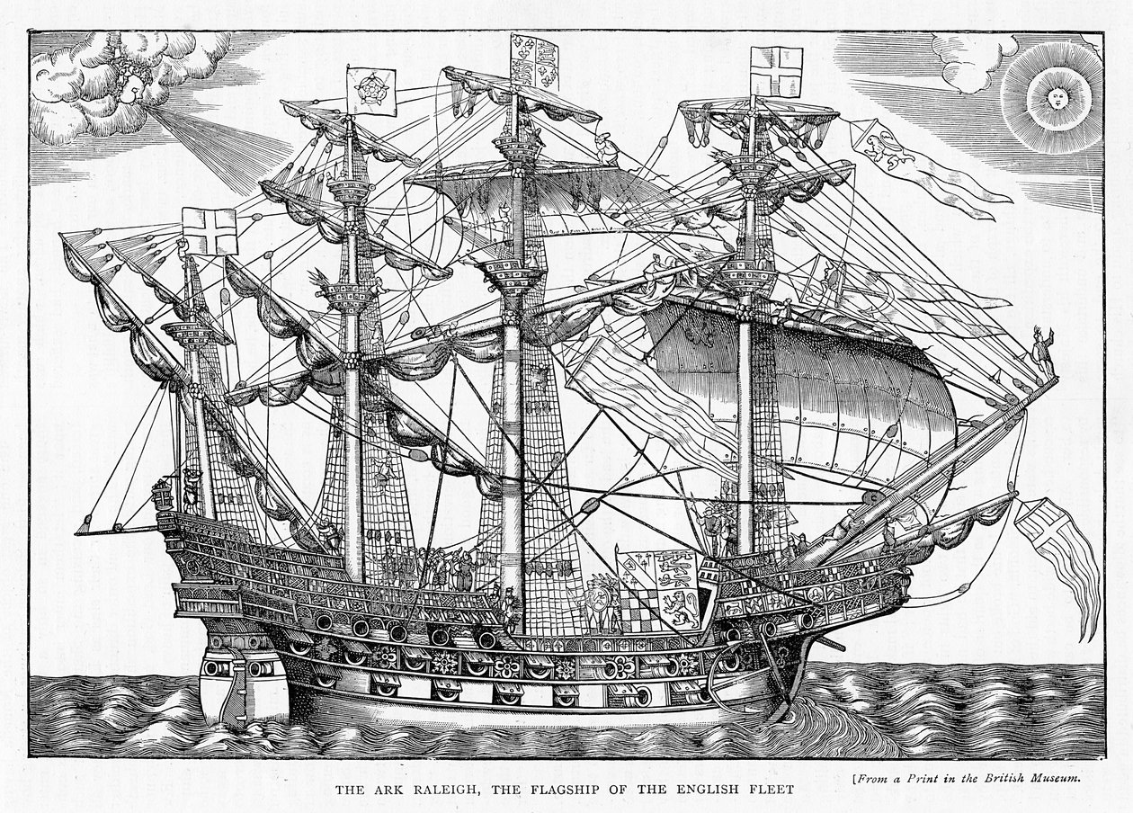 Ark Raleigh，英国舰队的旗舰，来自1888年的“休闲时光”（雕刻） 作者 英语学校