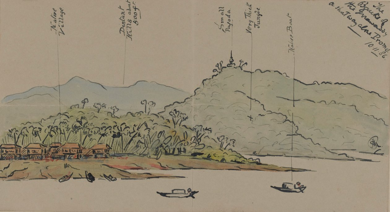 1886年，缅甸伊洛瓦底江的银行（纸上有钢笔墨水） 作者 英语学校