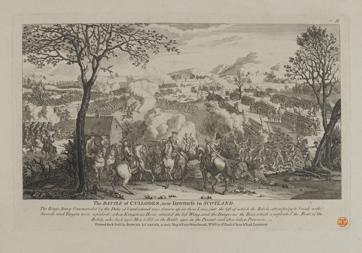 1746年，Bowles and Carver出版了位于苏格兰因弗内斯附近的卡洛登战役 作者 英语学校