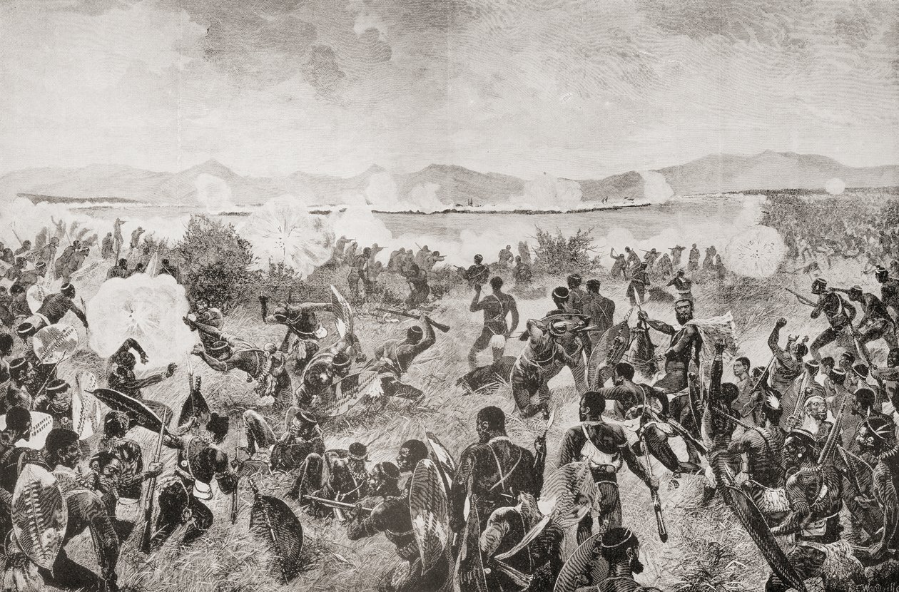 1879 年的乌伦迪战役，展示了祖鲁人和远处英国方阵的最后冲锋，摘自《南非和德兰士瓦战争：卷 1》。 1