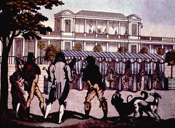 杜伊勒里咖啡馆，来自《至尊宝报》（彩色版画）。 作者 英语学校