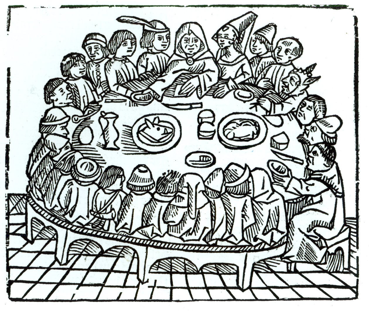 坎特伯雷朝圣者坐下来享用一顿共享餐，来自Geoffrey Chaucer（c.1345-1400）&39;Canterbury Tales&39;的插图，由Wynkyn de Worde印刷，c.1485 作者 英语学校