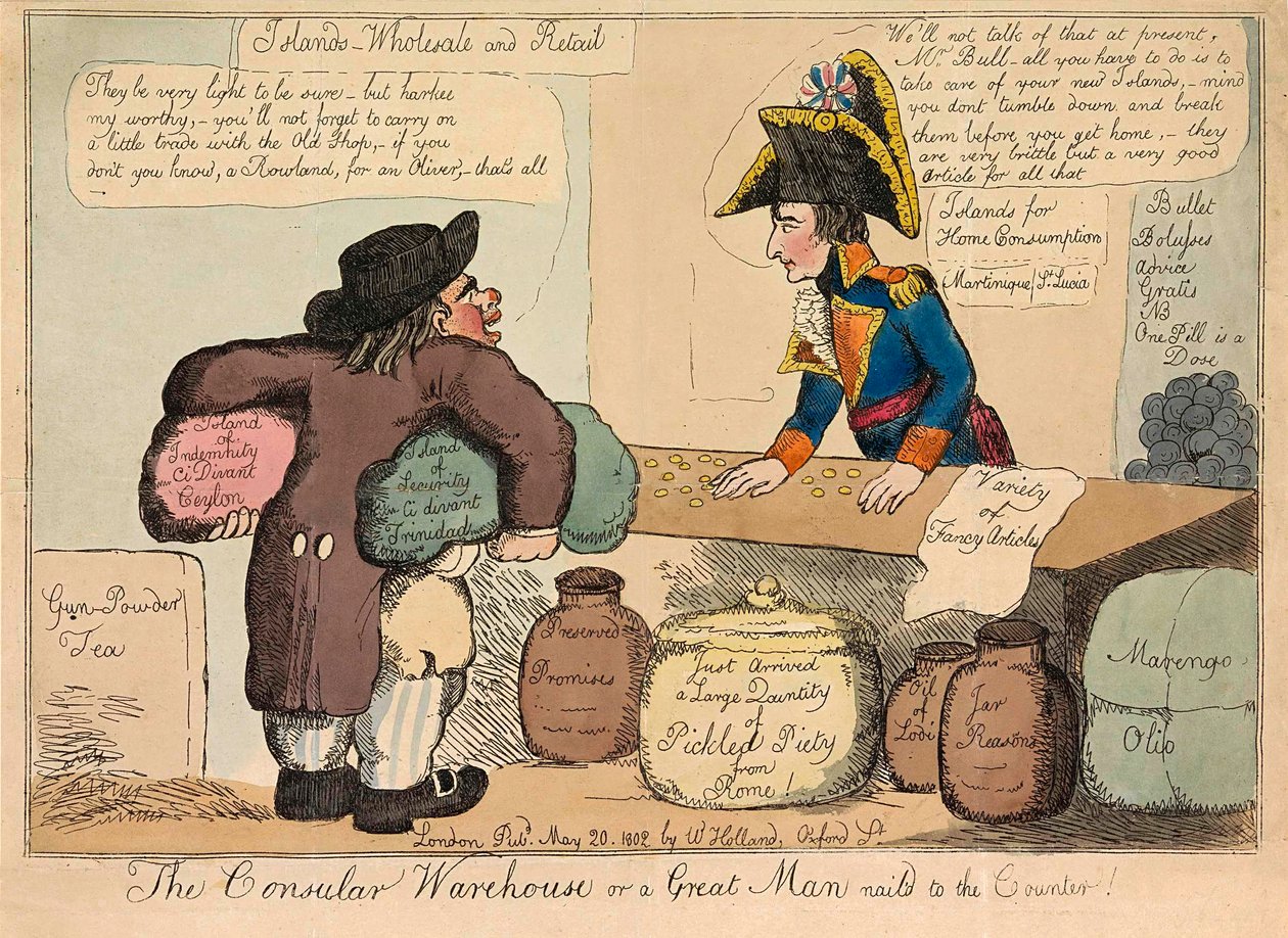 领事仓库或一个被钉在柜台上的伟人，酒吧。1802年手绘版画。 作者 英语学校