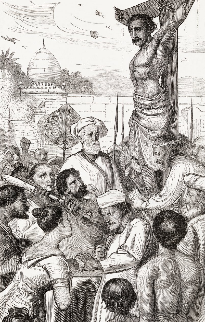 来自缅甸的凯伦烈士被钉十字架，1865年（木版画） 作者 英语学校