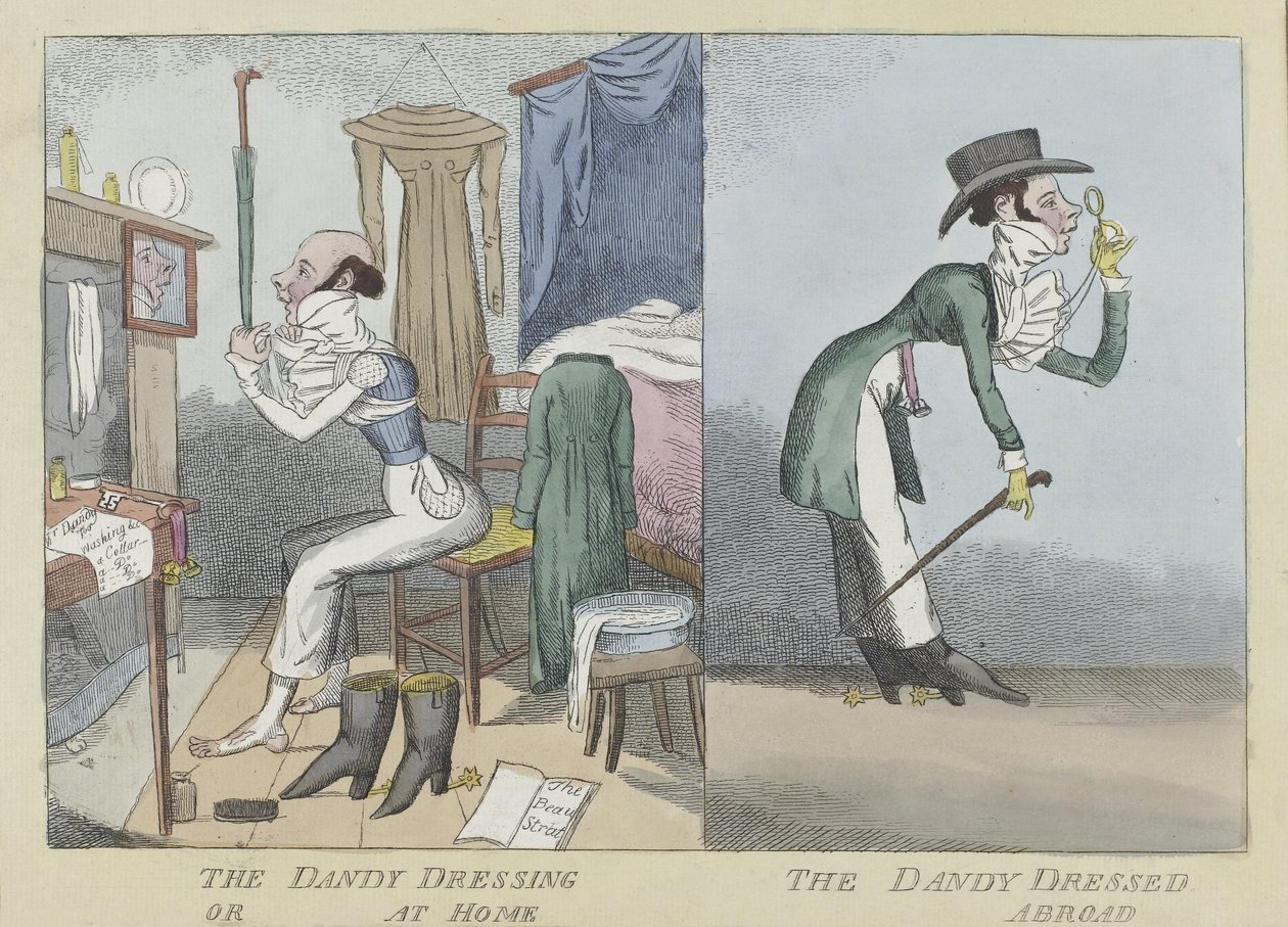 The Dandy Dressing or At Home, The Dandy Dressed Abroad, pub.c.1820（手工彩色雕刻） 作者 英语学校