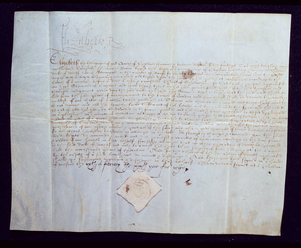 1572年女王伊丽莎白一世签署的托马斯霍华德，诺福克第四公爵的死亡保证书（牛皮纸上的墨水） 作者 英语学校