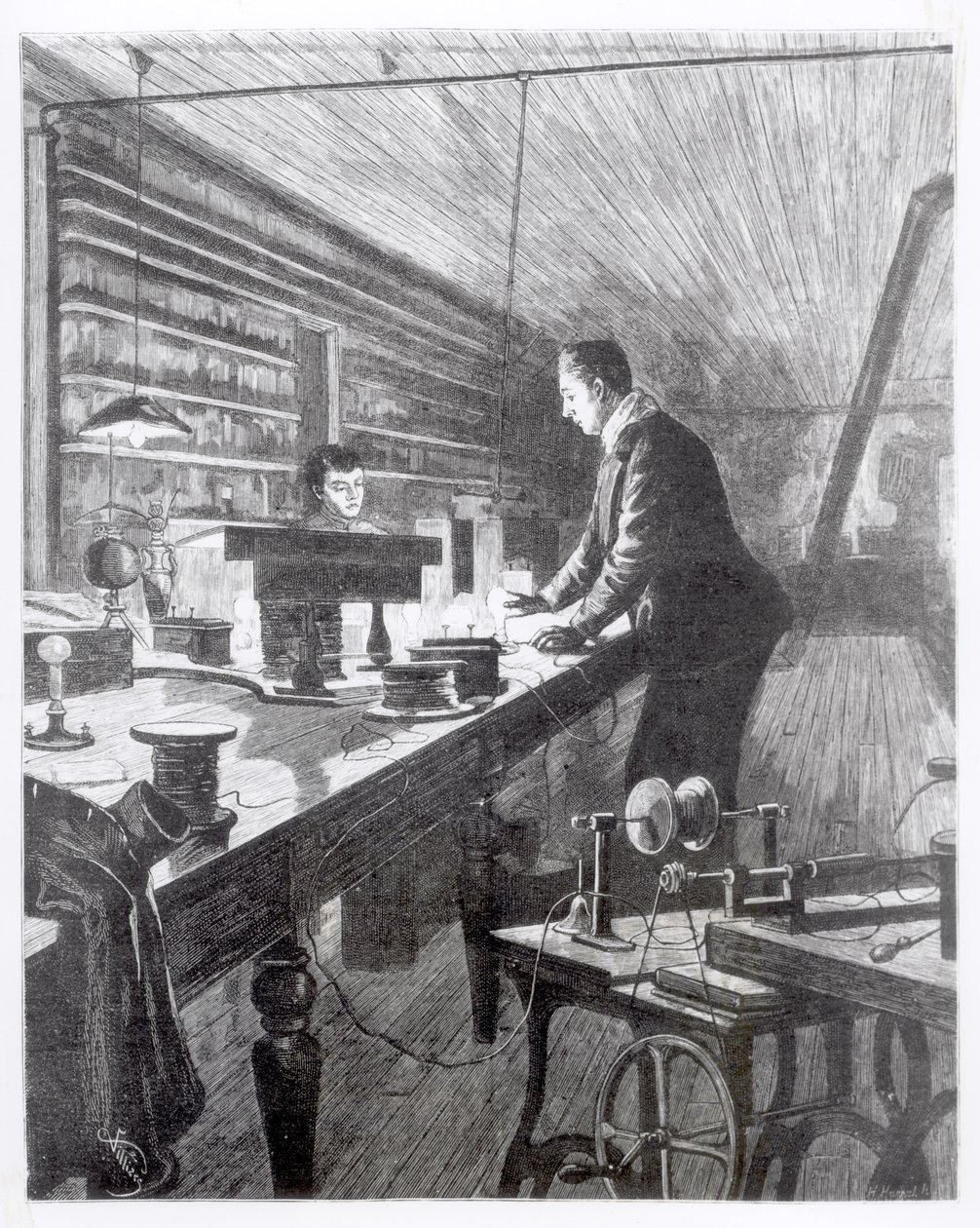 电灯，爱迪生先生（1847-1931）在他的实验室 作者 英语学校