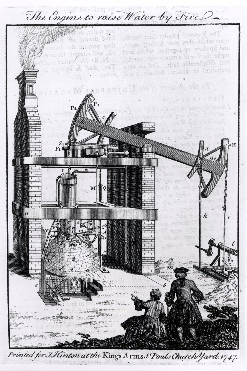 通过Fire提升水的引擎，1747年环球杂志的Newcomens蒸汽机图 作者 英语学校